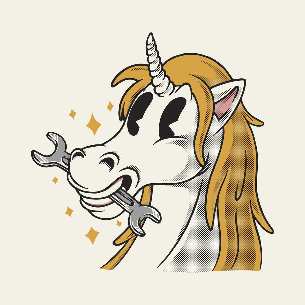 unicorn head biting wrench retro mascot vector