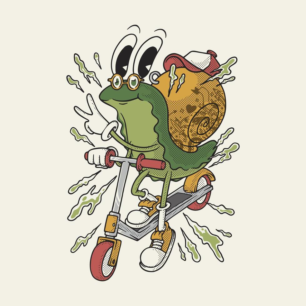 retro cartoon punk snail riding a scooter vector