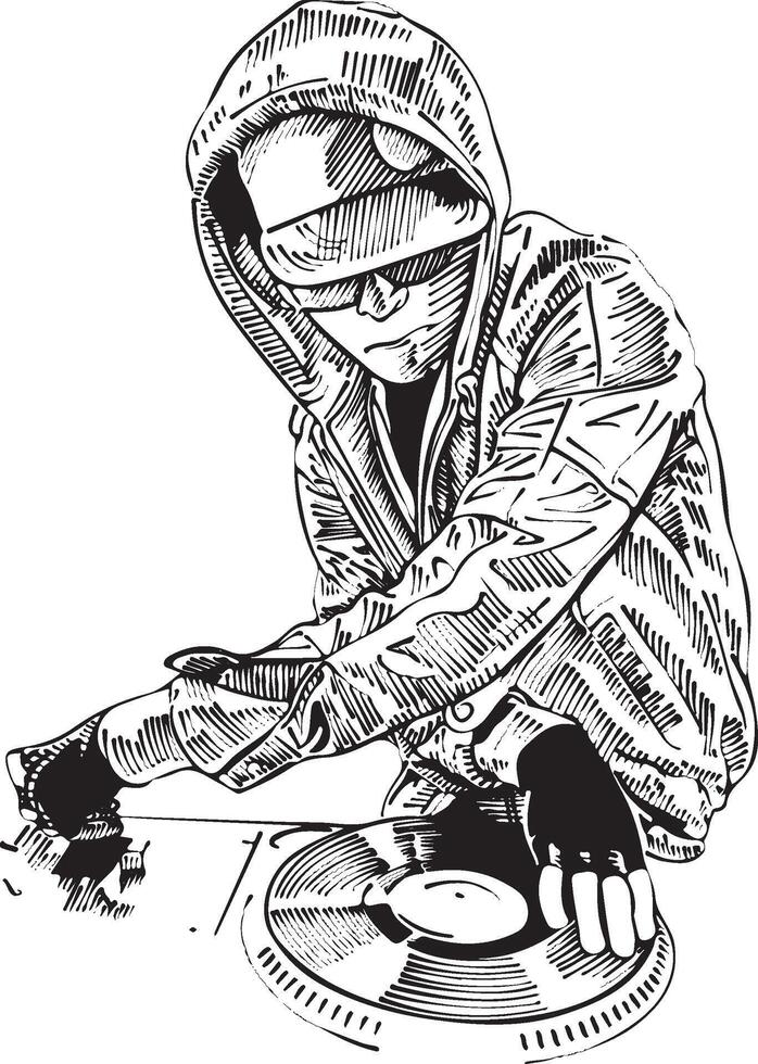 Isolated, pen and ink drawing, disc jockey illustration vector