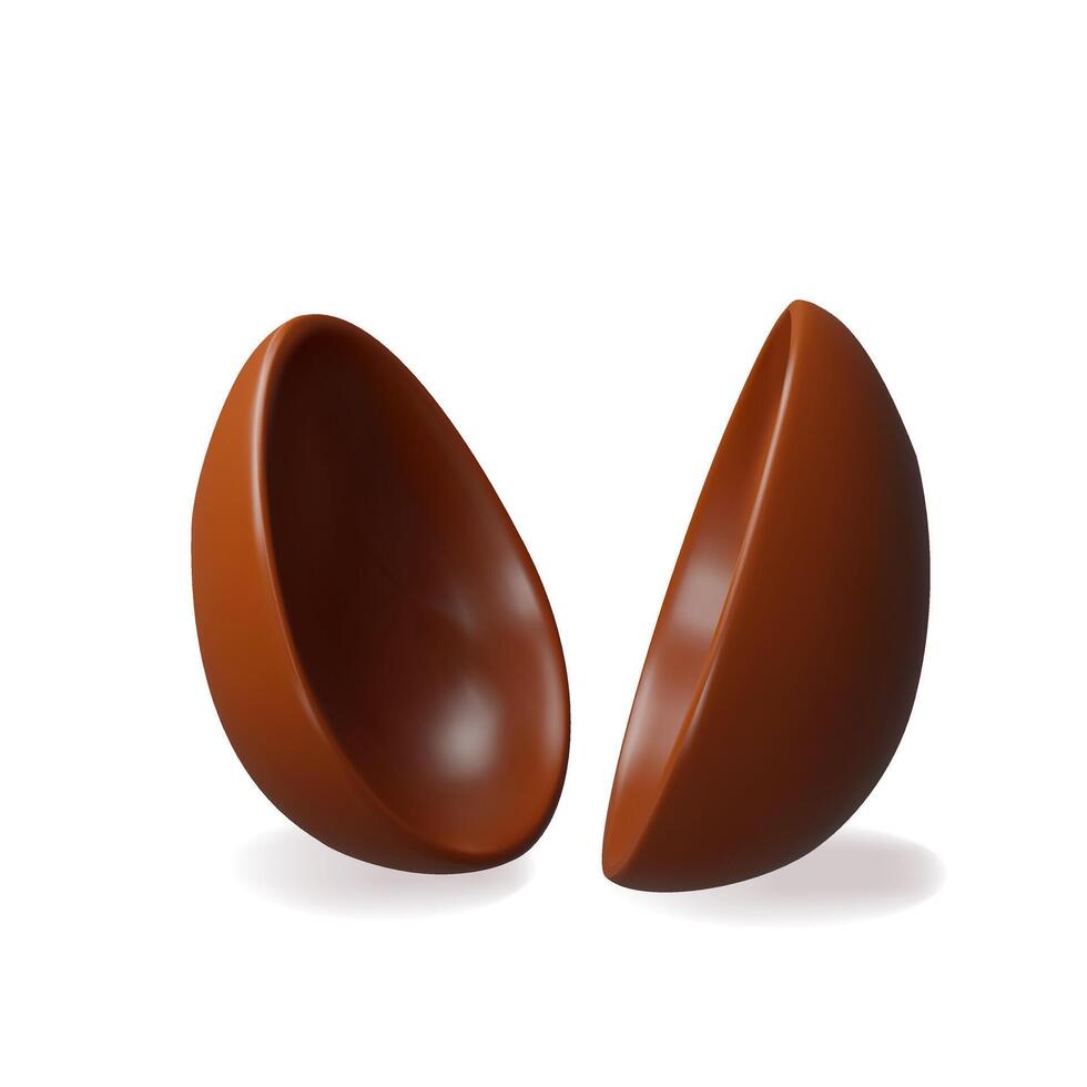 3d half kids chocolate easter egg. Three-dimensional illustration. Holiday sweet food. Cocoa candy gift present for spring celebration. Realistic confectionery tradition symbol eggshell vector