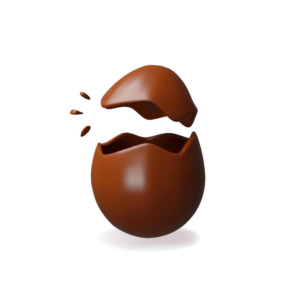 3d up cracked chocolate easter egg. Three-dimensional illustration. Holiday kids sweet food. Cocoa candy gift present for spring celebration. Realistic confectionery tradition symbol eggshell vector