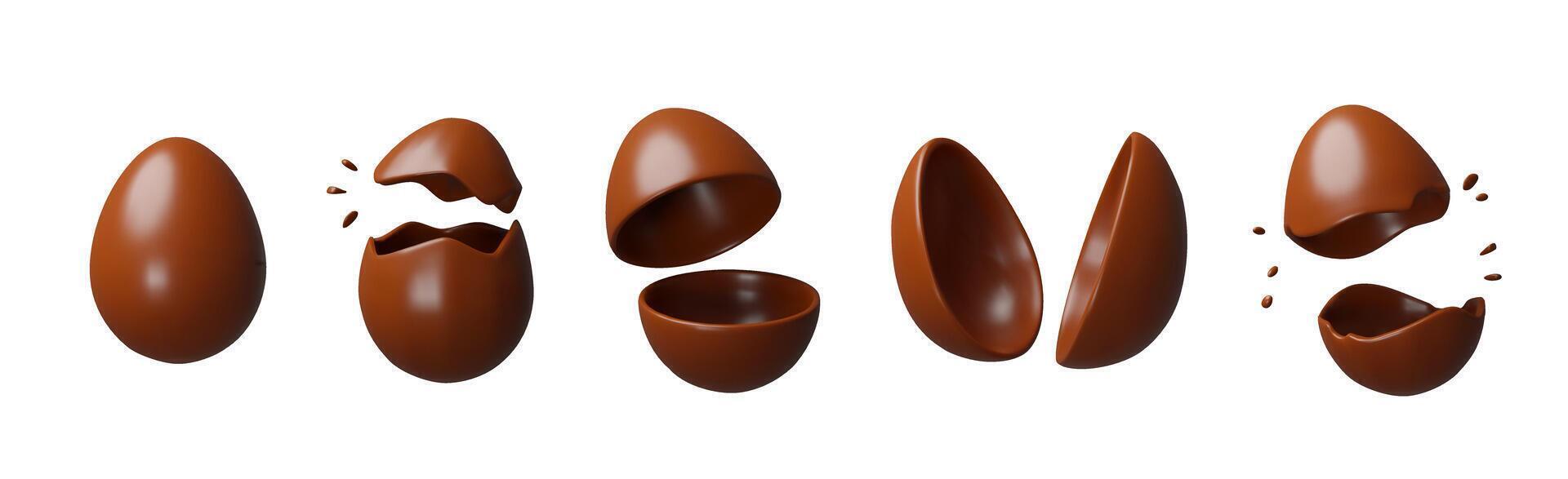 3d set chocolate easter egg. Three-dimensional collection illustration. Holiday kids sweet food. Cocoa candy gift present spring celebration. Realistic confectionery tradition symbol eggshell vector