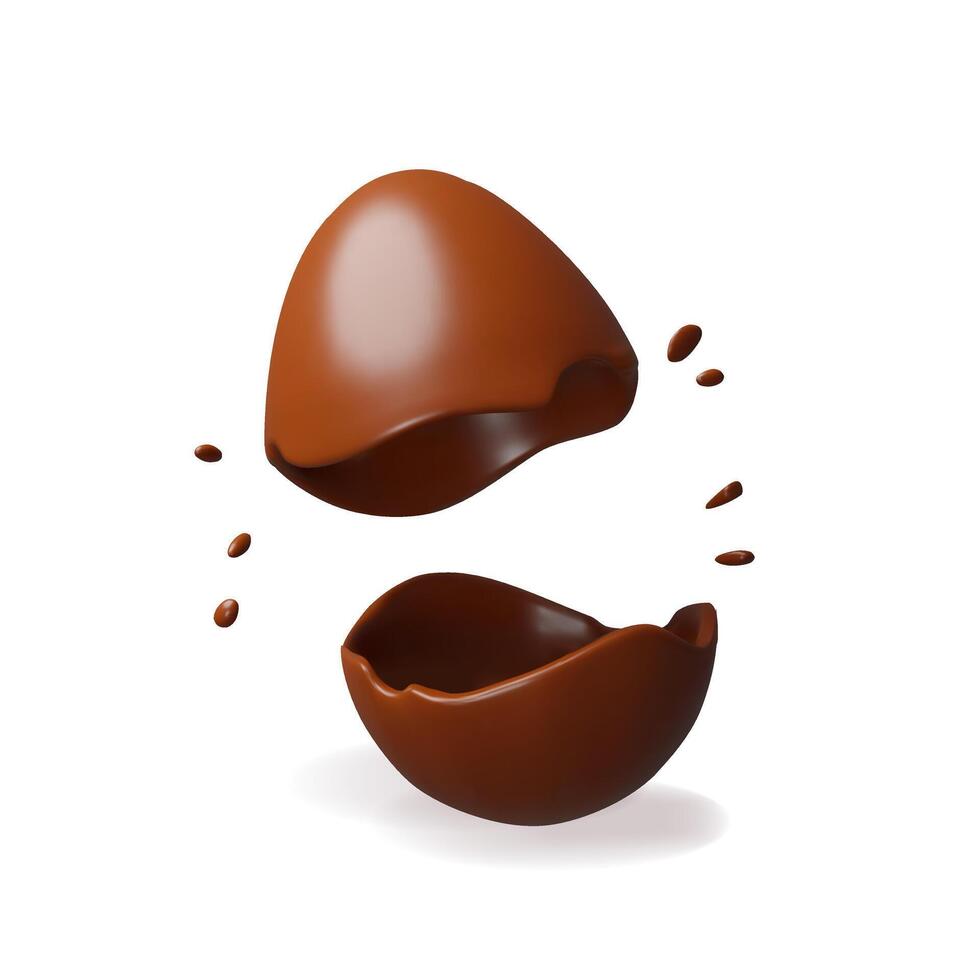 3d bottom cracked chocolate easter egg. Three-dimensional illustration. Holiday kids sweet food. Cocoa candy gift present spring celebration. Realistic confectionery tradition symbol eggshell vector