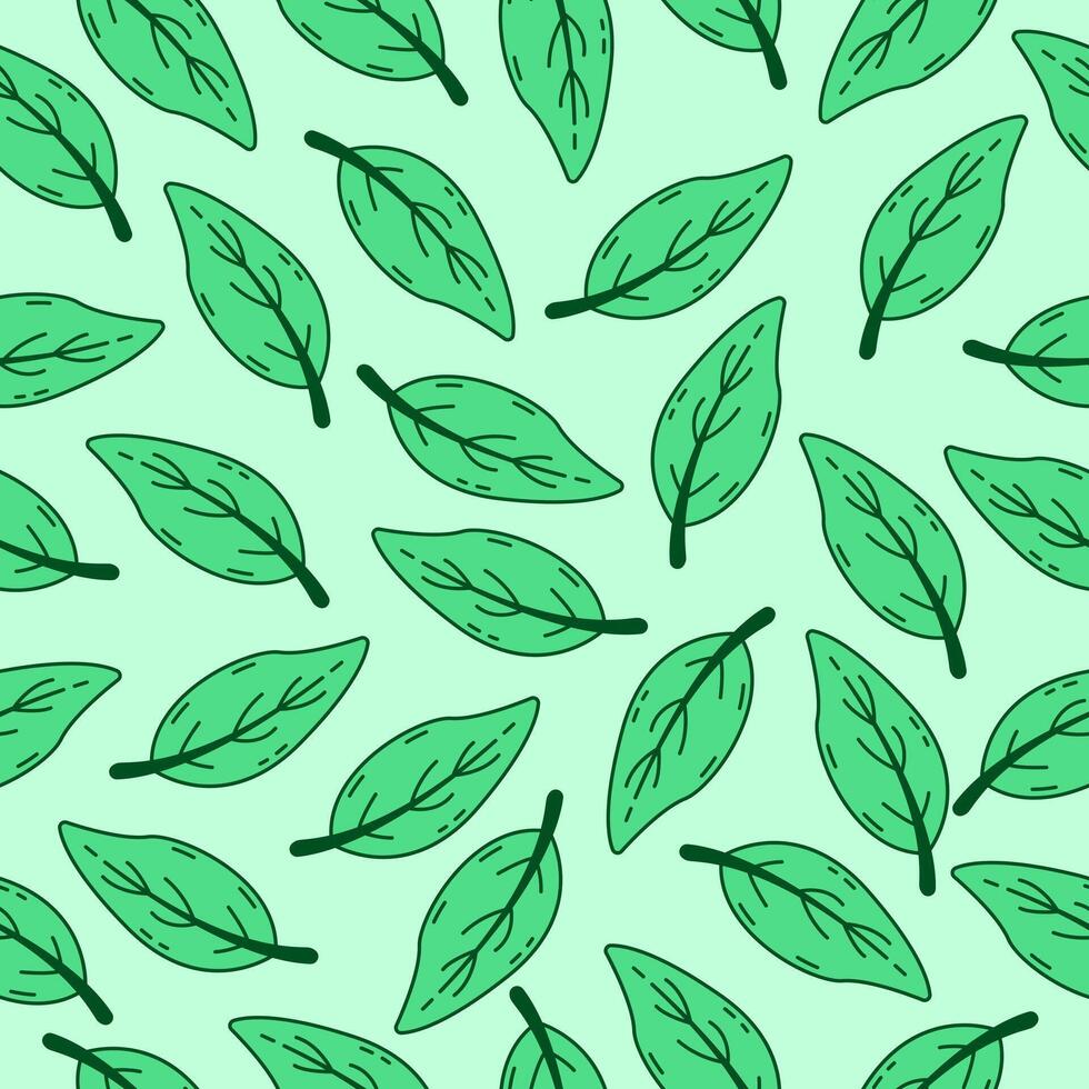 Green leaf pattern background. Leaf doodle seamless motif wallpaper. Natural theme vector