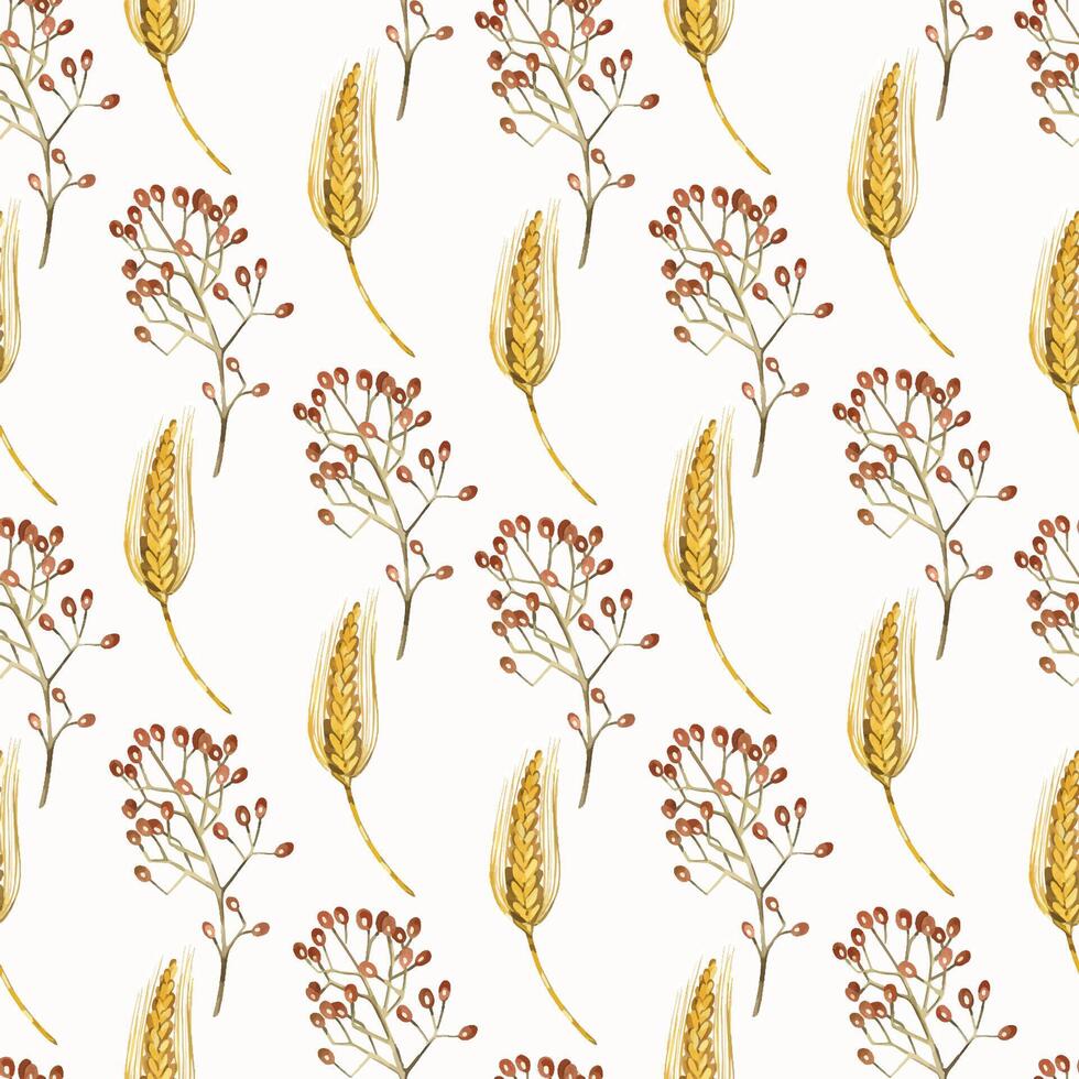 Dried flowers, red berries, ripe wheat ears, all objects are hand-drawn with watercolors. Seamless watercolor pattern. Suitable for printing on fabric, paper, for packaging design, stationery vector