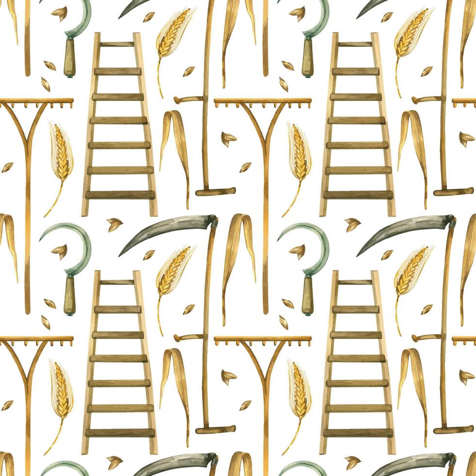 Watercolor seamless pattern harvesting, scythe for cutting grass, wheat, sickle, rake for collecting grass, ears of wheat, grains. All objects are hand-drawn with watercolors. For printing on fabric vector