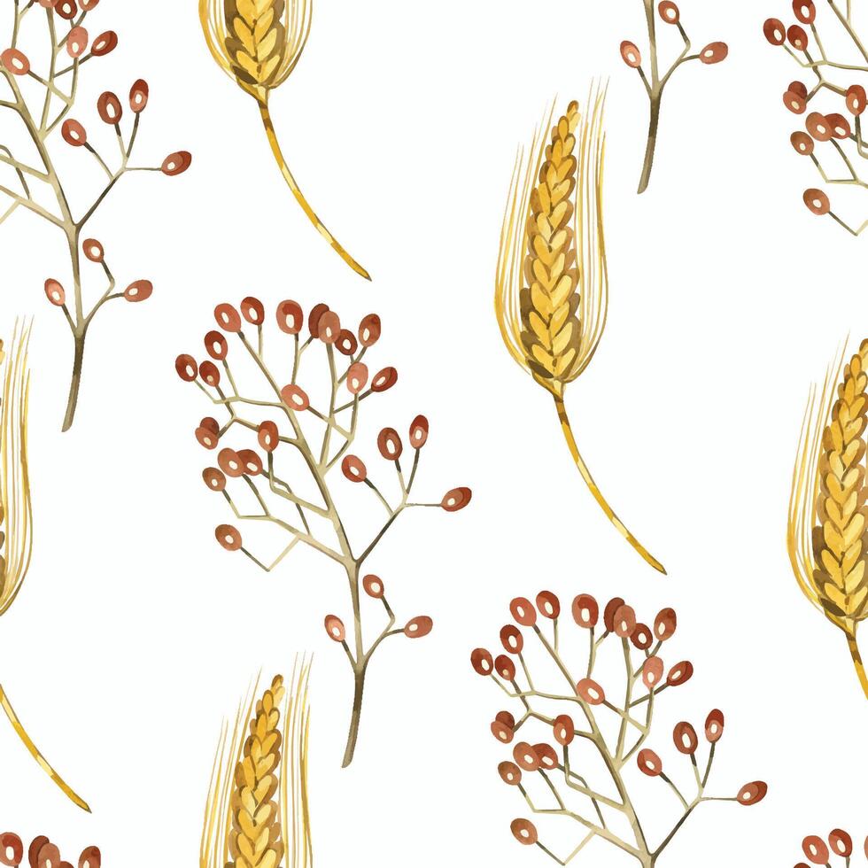 Dried flowers, red berries, ripe wheat ears, all objects are hand-drawn with watercolors. Seamless watercolor pattern. Suitable for printing on fabric, paper, for packaging design, stationery vector