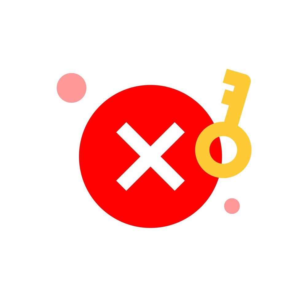 Flat illustration of wrong password notification pop up. red cross and key, incorrect password input. Simple ui design for login error alerts, security messages, and authentication failure concept vector