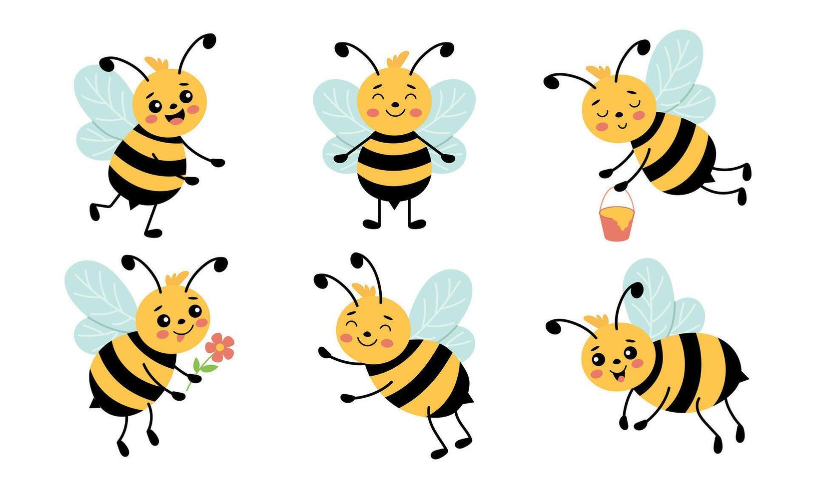 Collection of cute bees flying and collecting honey. illustrations vector