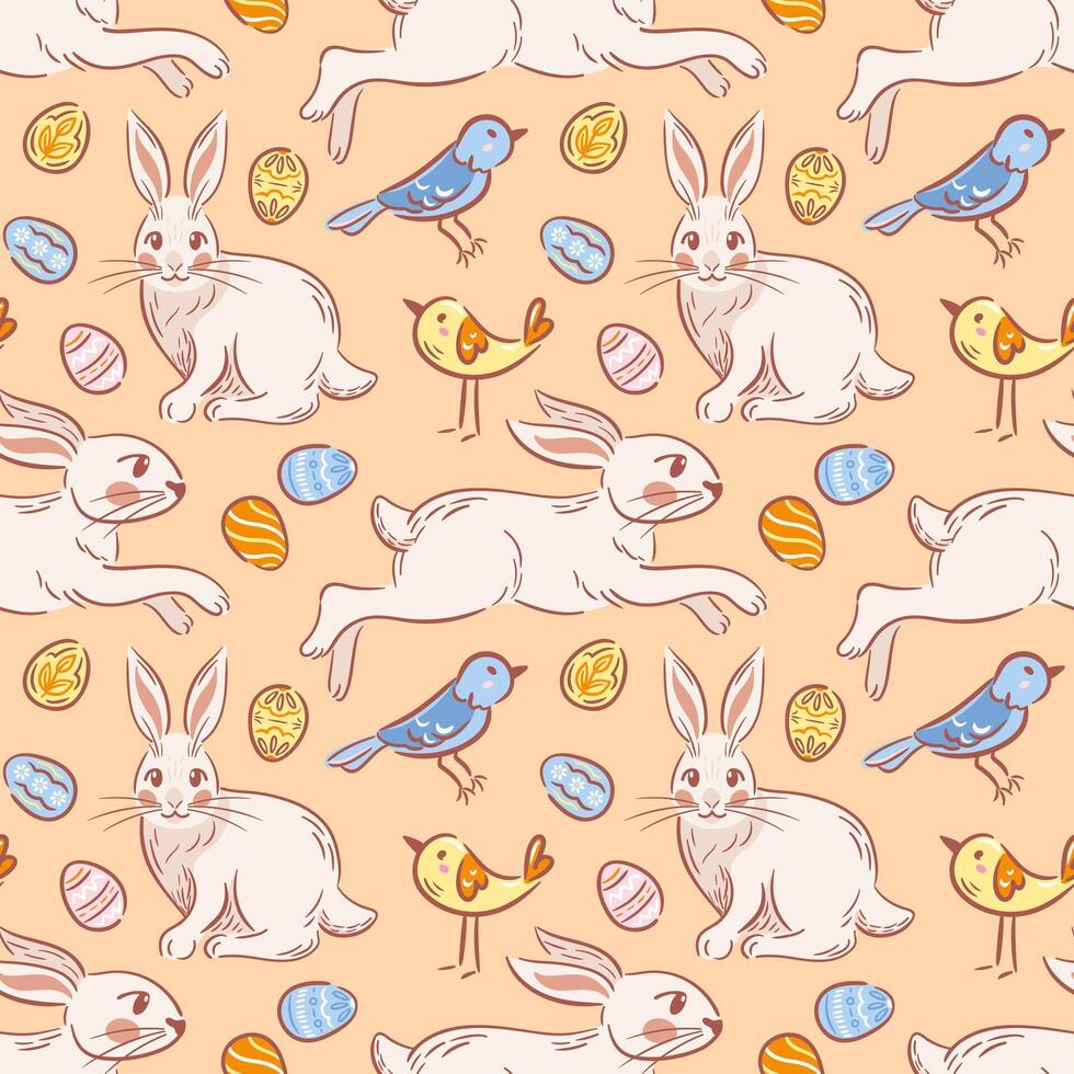 A seamless pattern featuring playful Easter bunnies, cheerful birds, and beautifully decorated eggs, all illustrated in a charming sketch style. Perfect for festive designs and seasonal decor. vector