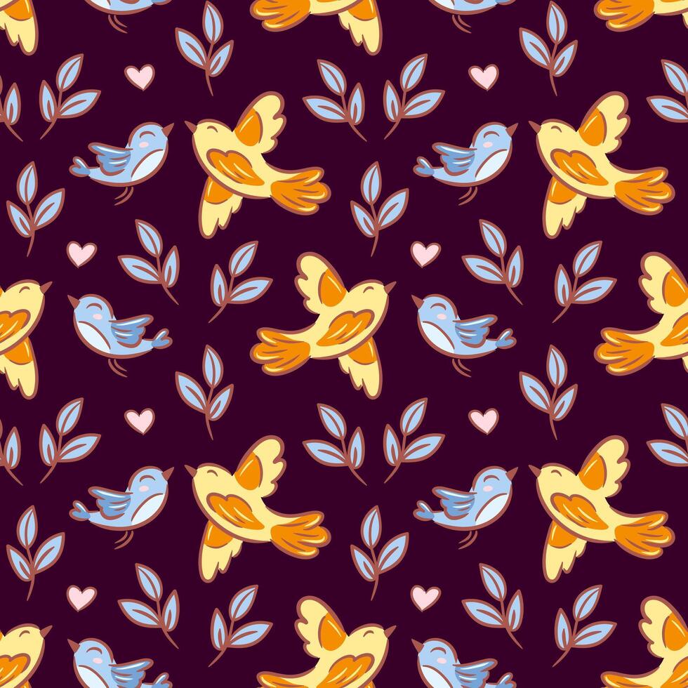 A seamless pattern featuring cute, sketched birds paired, heart, beautifully symbolizing love. Delicate branches adorned with leaves create a charming backdrop, perfect for romantic designs and motifs vector