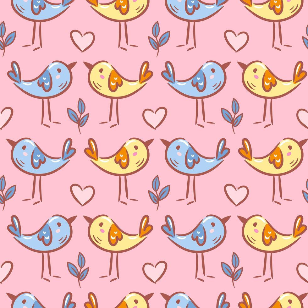 seamless pattern features adorable birds, hearts, and branches rendered in a charming sketch style. The playful design adds a whimsical touch, perfect for various creative projects and festive themes. vector