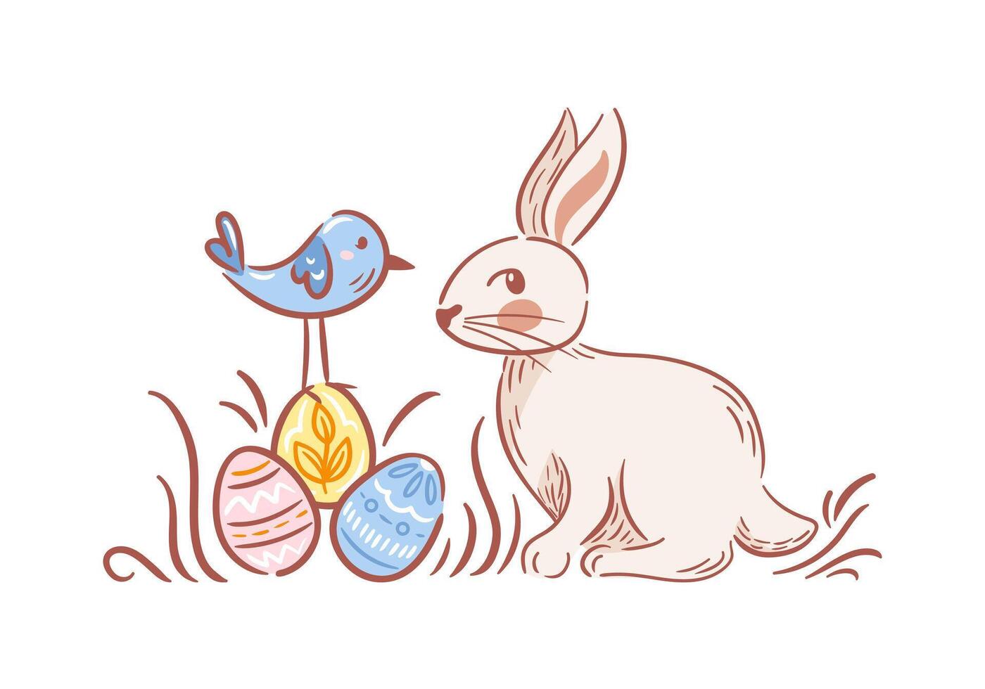 A delightful Easter scene featuring an adorable bunny nestled beside colorful decorated eggs, complemented by a cheerful little bird. This whimsical sketch style adds a touch of warmth and charm. vector