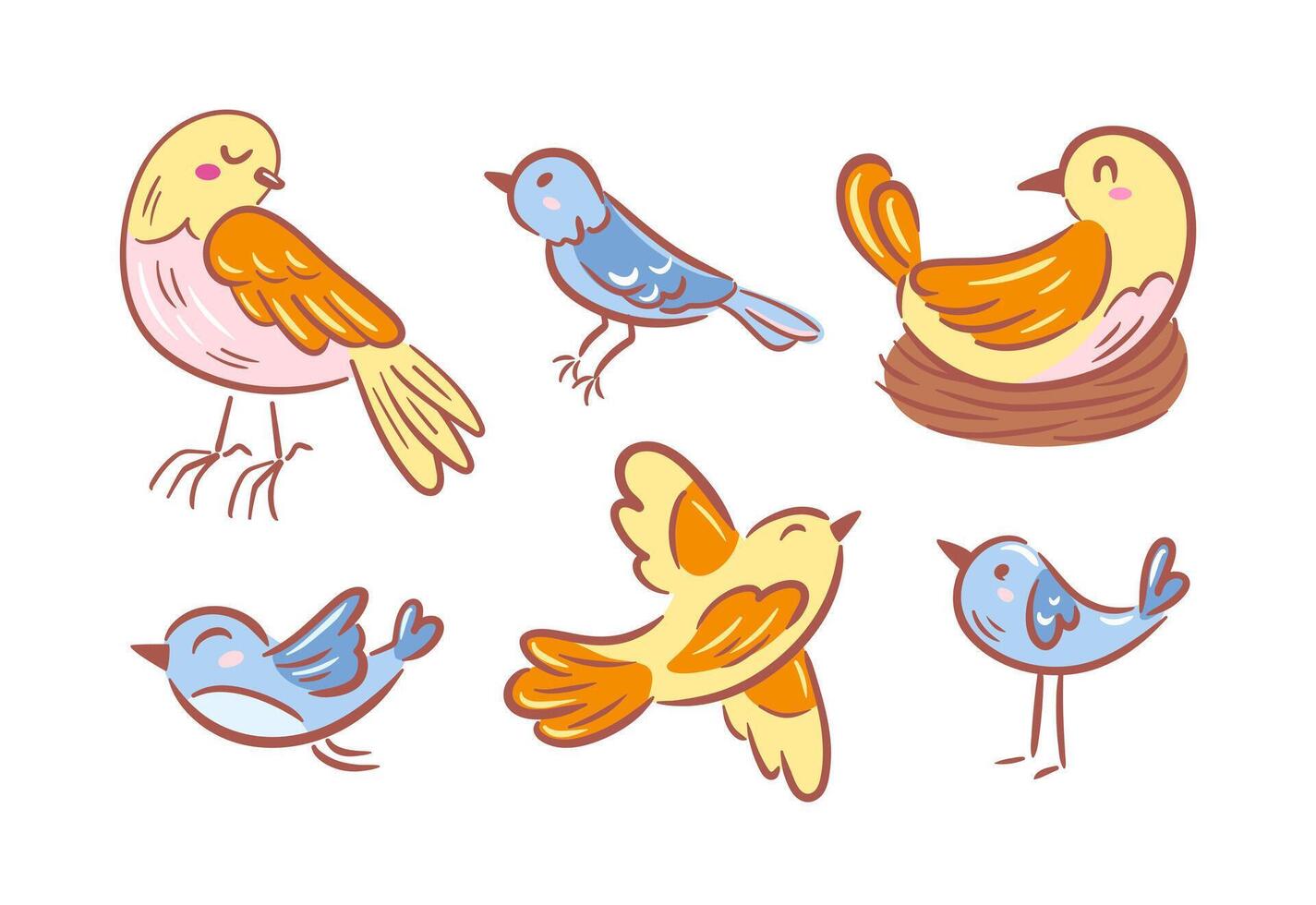 set of charming birds in a sketched style showcases flying birds alongside those nestled in a cozy nest. This delightful illustration captures the essence of nature, warmth, companionship beautifully. vector