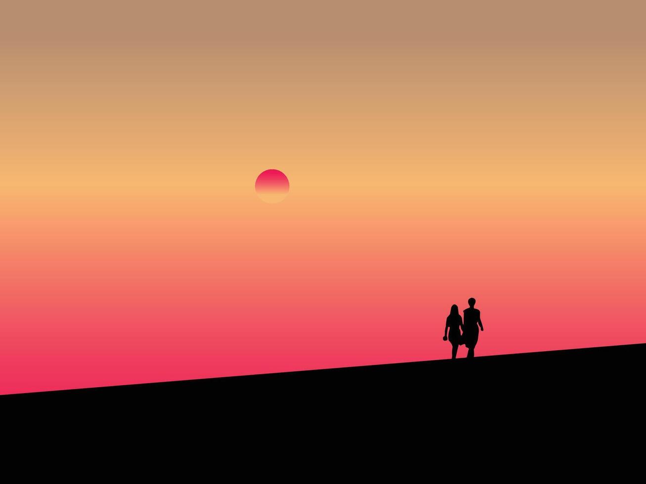 Happy couple walking at silhouette sunset time illustration vector