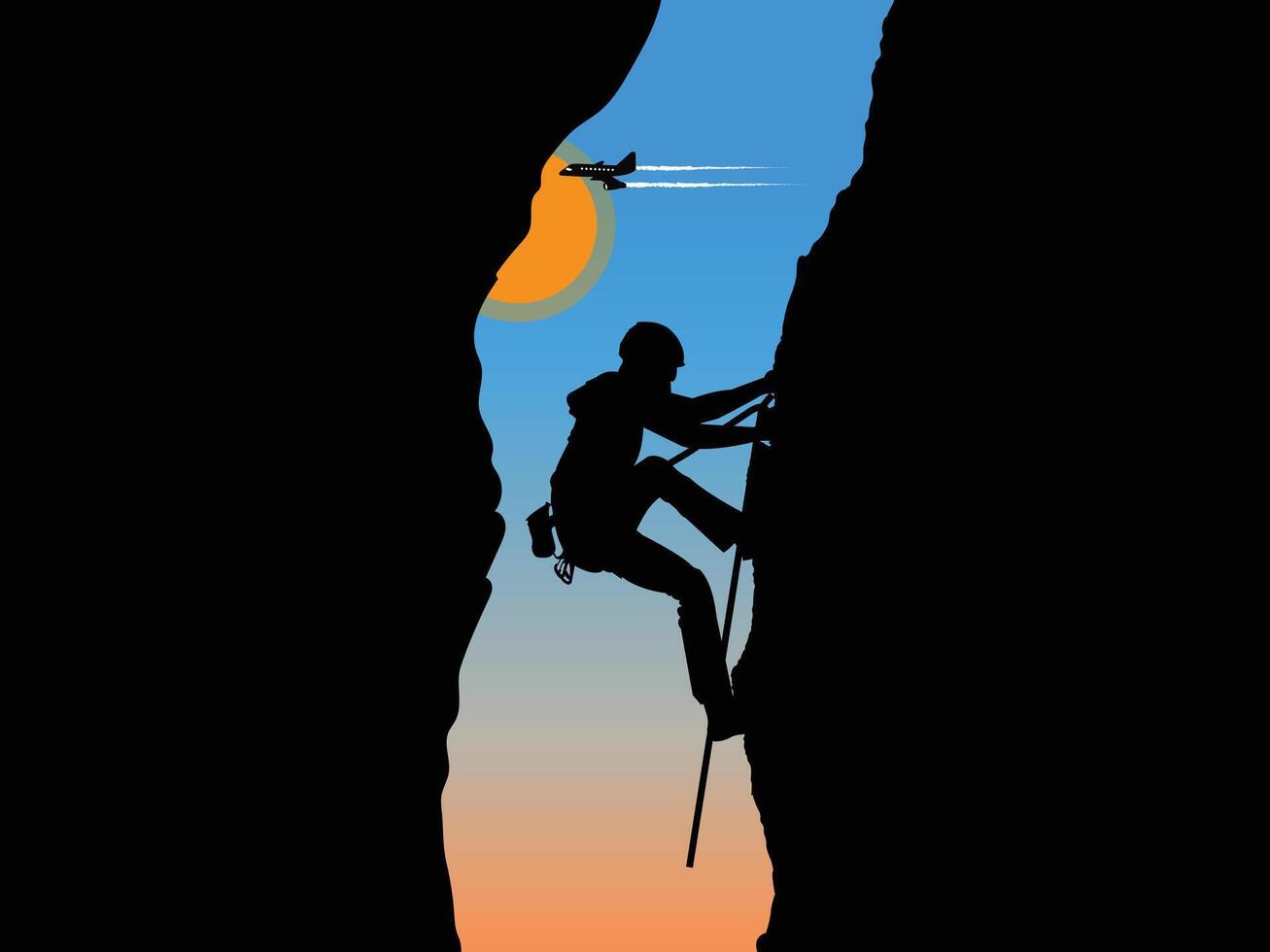 A man climbing the mountain at sunset time and an aeroplane flying behind him vector