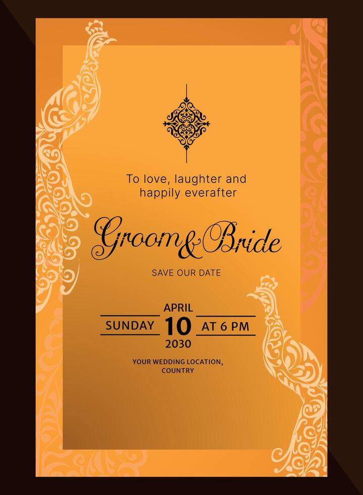 Elegant Gold Peacock Wedding Invitation card design for hindu marriage ceremony vector