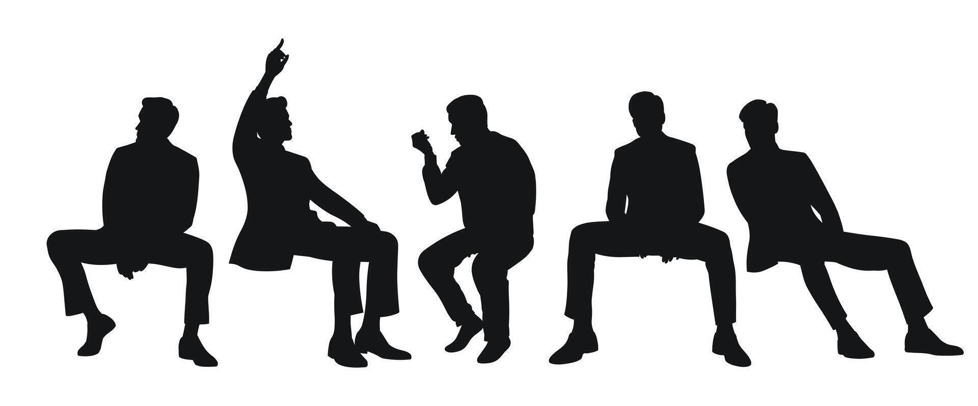 Silhouetted group of men in suits engaged in various poses during a formal gathering in a modern setting vector