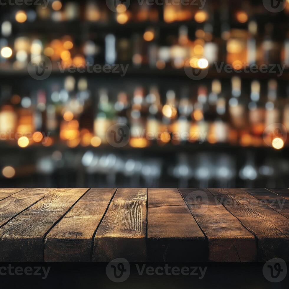 Wooden table with blurred background in bar photo