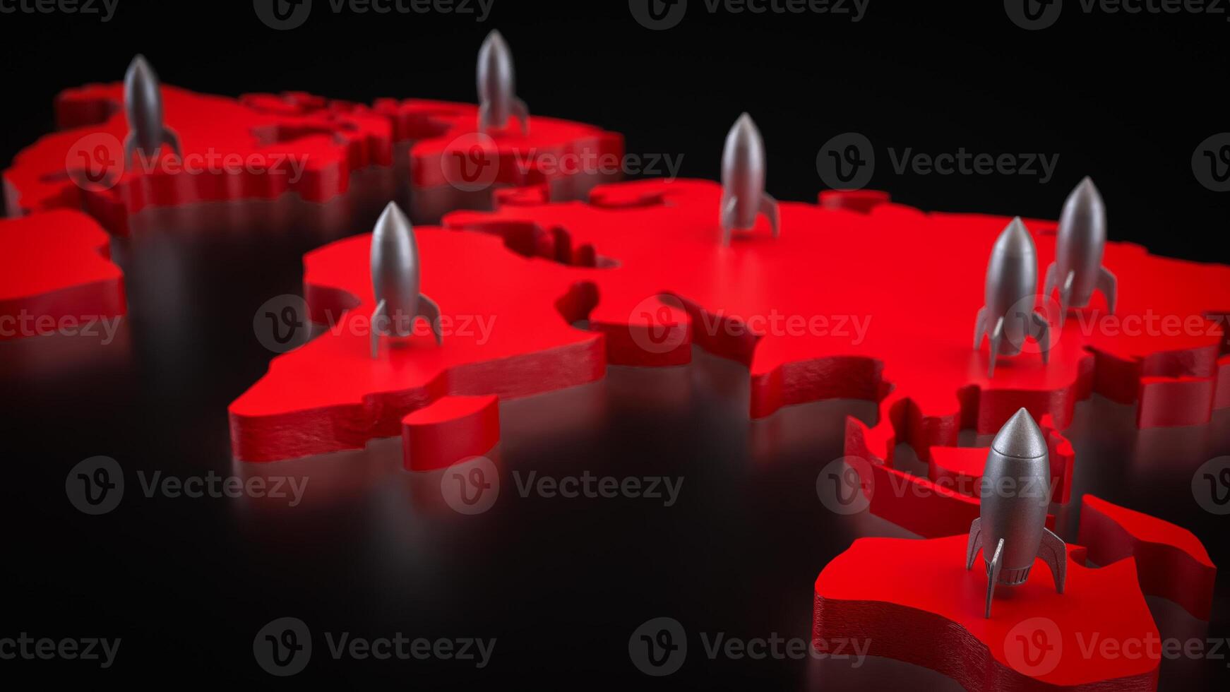 Rocket on red world map 3d Rendering. photo