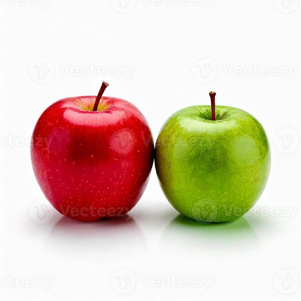 One red apple beside green apple in an isolated white background photo