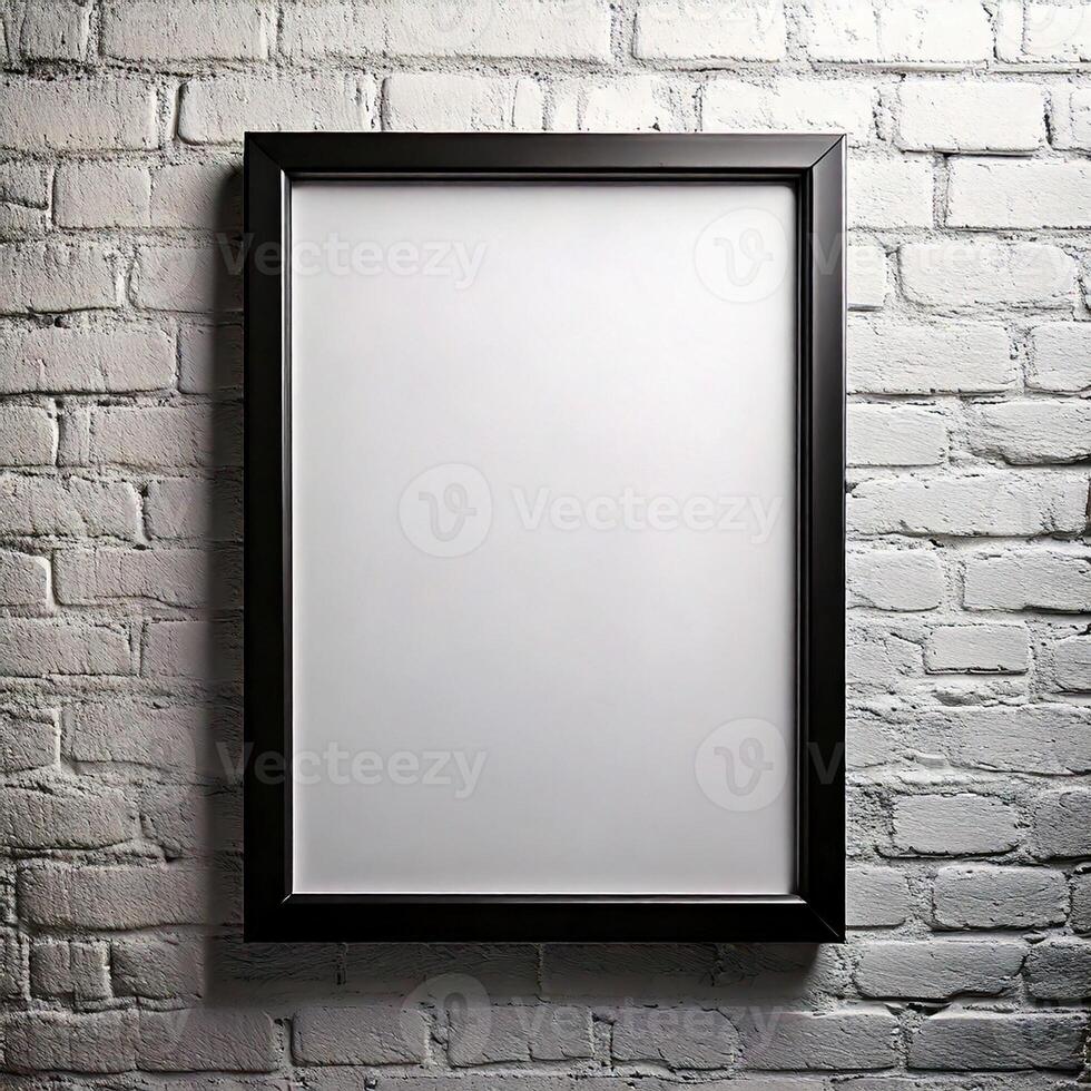 Black metal frame hanging on a white brick wall photo