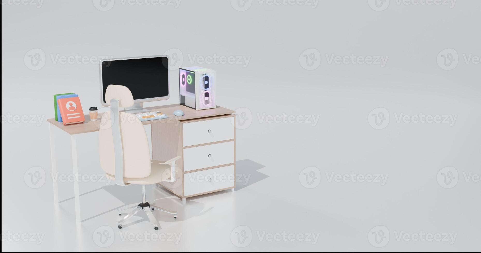 A computer desk with a chair and a monitor photo