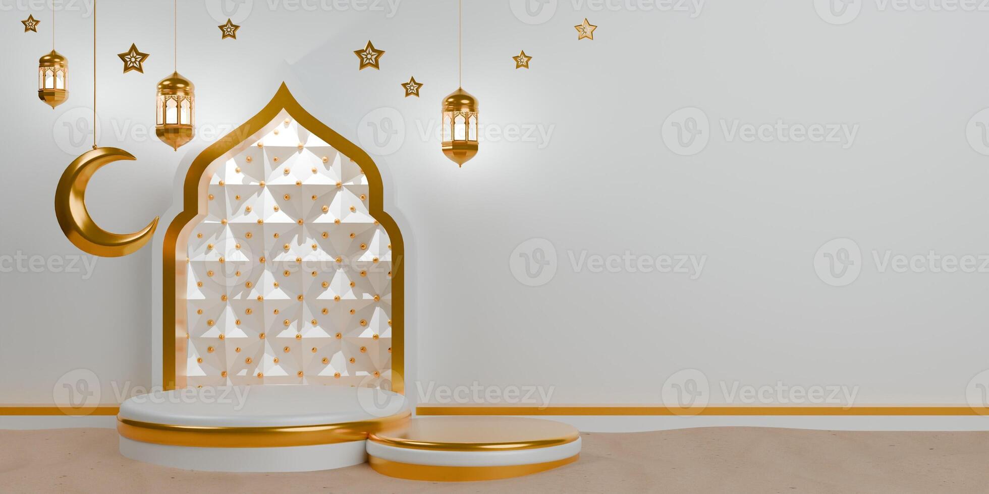 3d rendering of a white room with gold decorations photo
