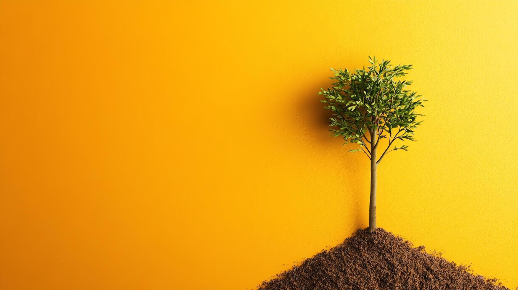 A small tree on textured soil against yellow backdrop. photo