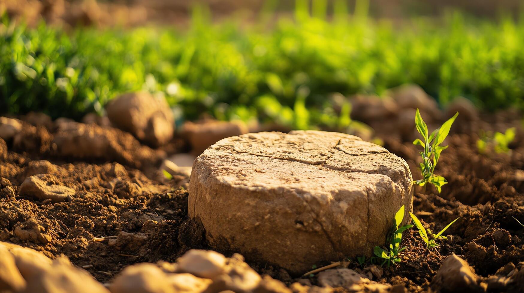 Close-up of a stone surrounded by green grass. photo