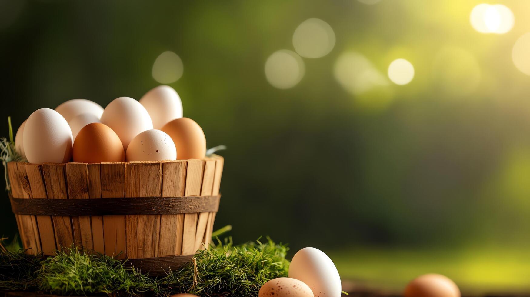 Fresh eggs in a rustic wooden basket. photo