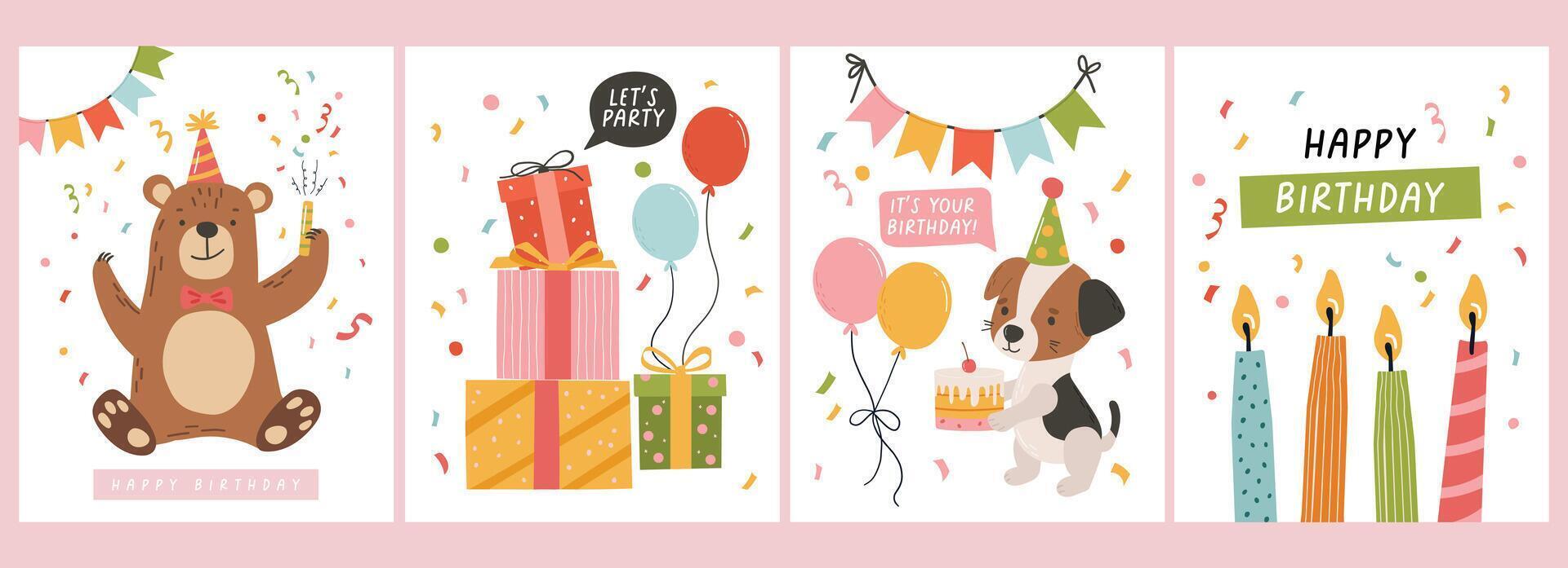 Birthday animals collection, cake, gifts. Birthday party . Invitation, sticker, greeting card vector