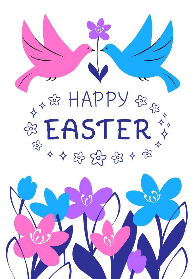 Happy Easter greeting card with birds and flowers, in pink and blue colors on white background. Bright design template poster with handwritten lettering vector