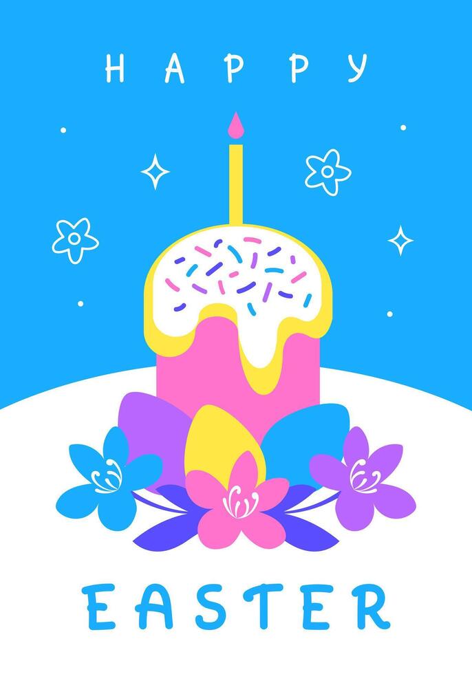 Happy Easter greeting card with Easter cake and colored eggs on yellow background. Poster design in modern minimalist flat style. vector