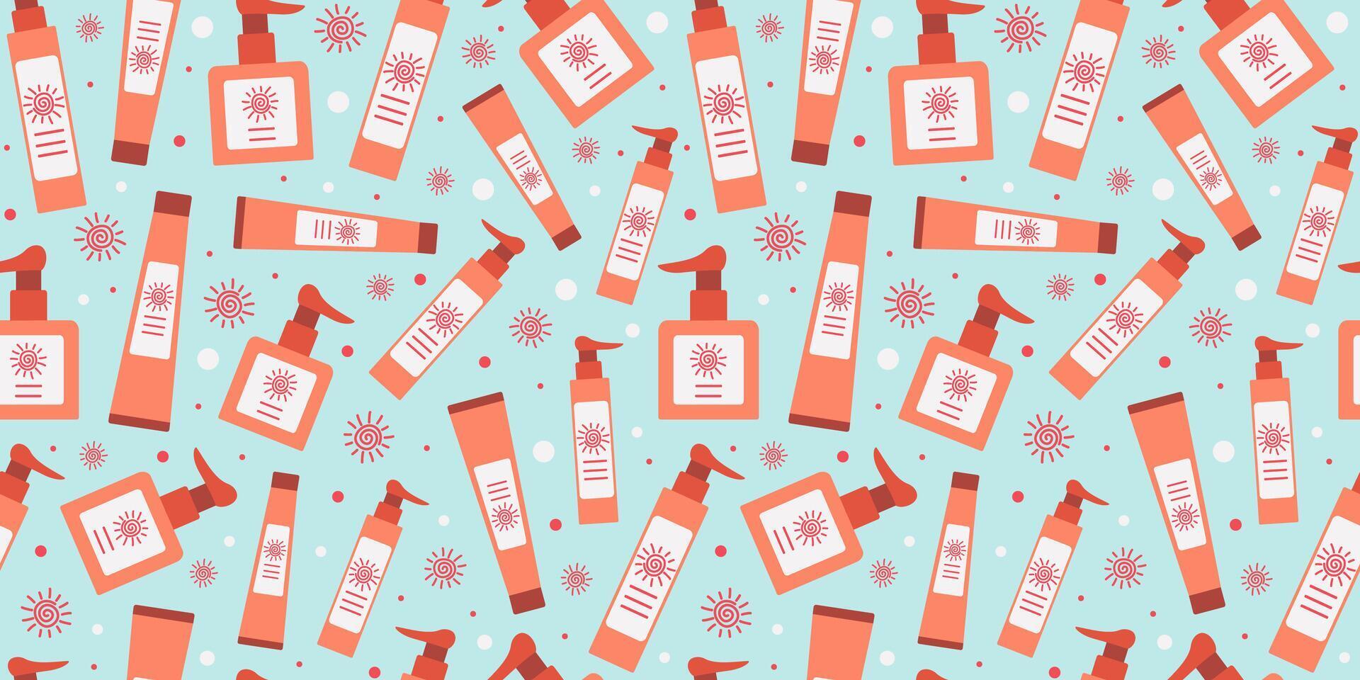 Seamless pattern. Tubes of sunscreen. Skin care, protection. Use sunscreen cosmetics. Moisturizes and protects the skin from the sun's ultraviolet radiation. Repeating background, wallpaper decor. vector