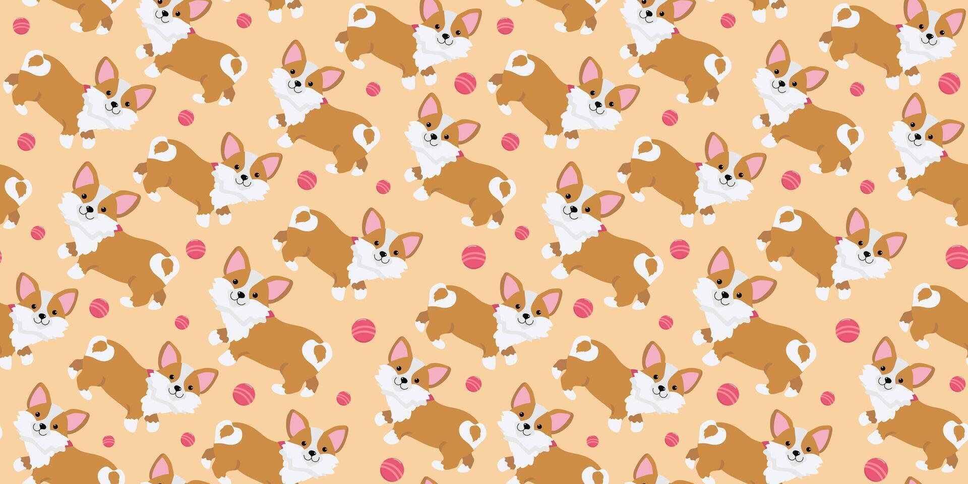 Cartoon dog corgi, pattern. Funny cute puppy and toys balls. Seamless background. vector