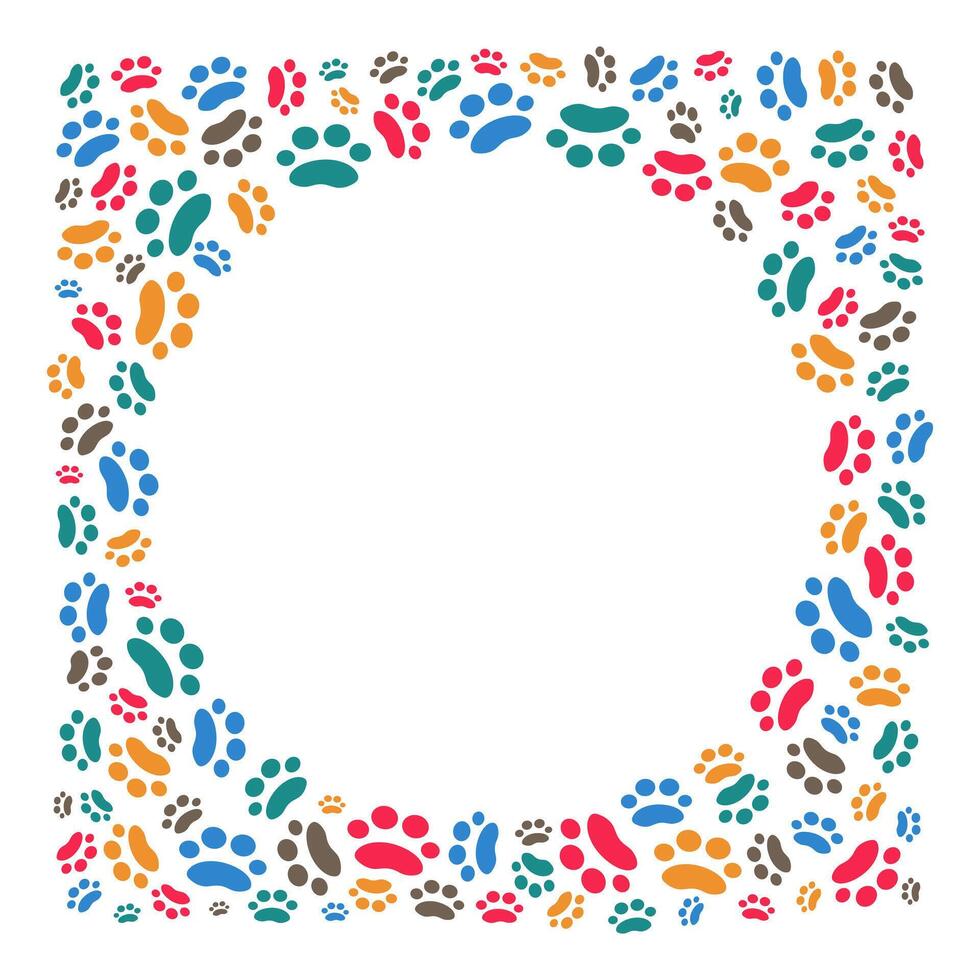 Frame, border of cartoon animal tracks, paw prints by pets, background for print design. Card with place for text. Pet products. Banners with notification about pet. Background isolated. vector