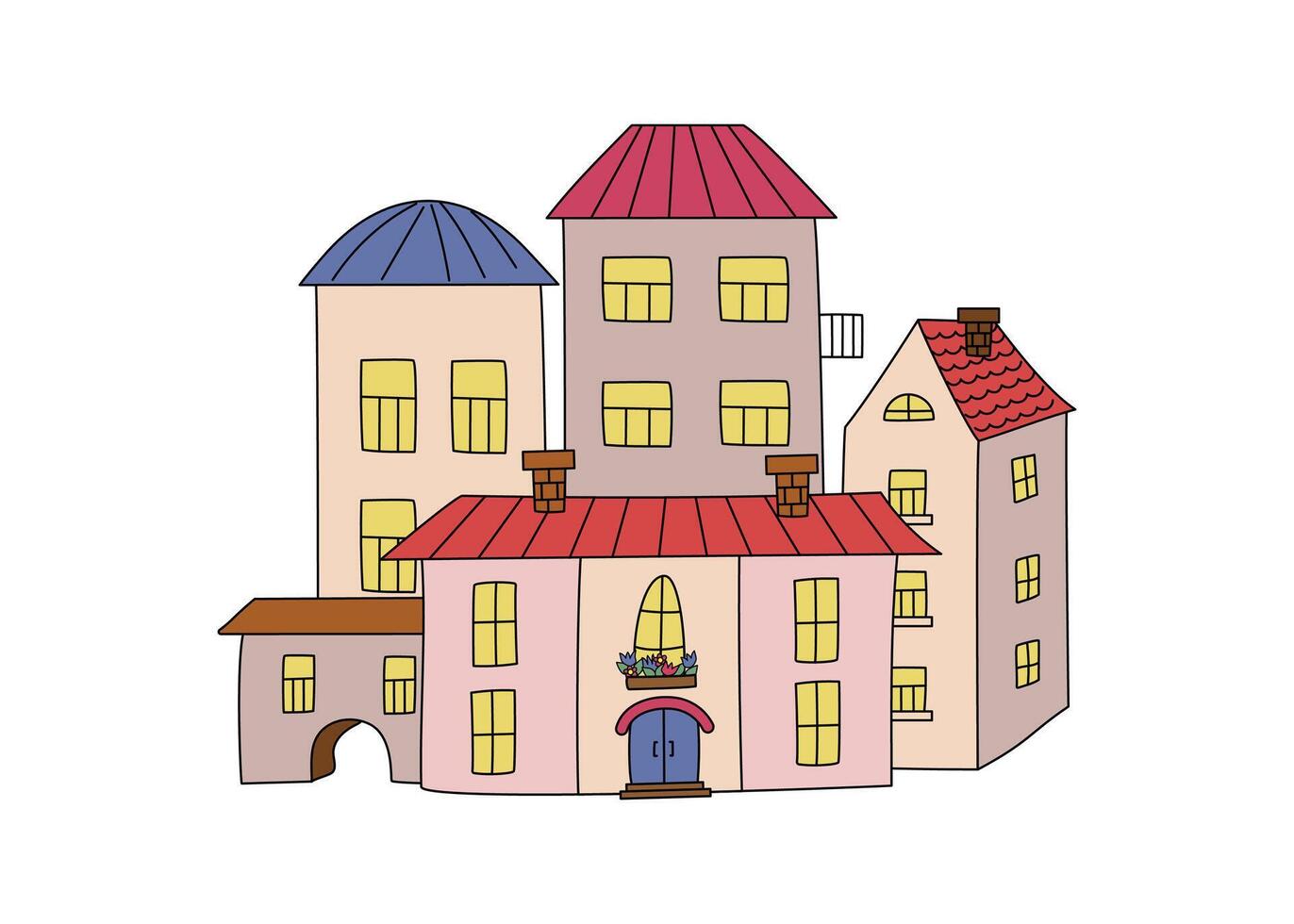 Colorful houses cartoon, drawn city. Drawing, doodle. Old town, illustration, background isolated. vector