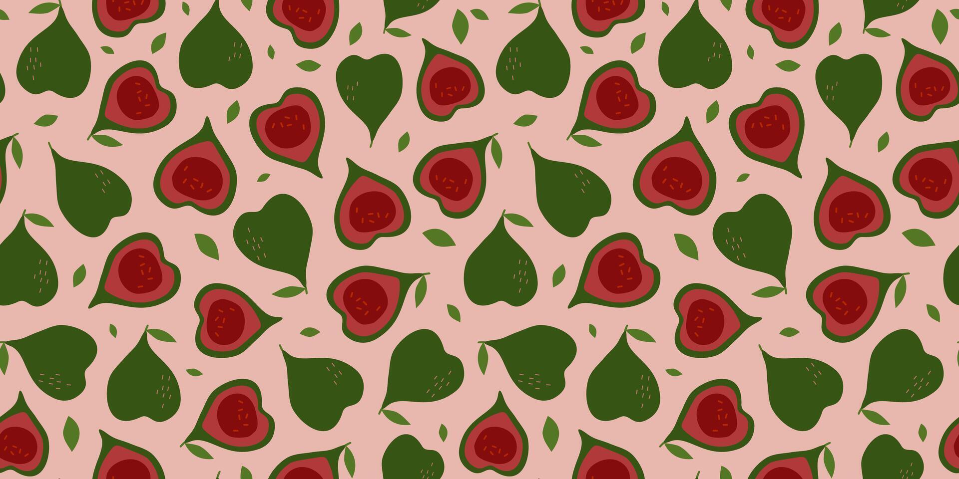 Fig, fruits and leaves. Seamless abstract pattern. Vitamin natural food, slices and whole fruits. Color flat illustration. vector
