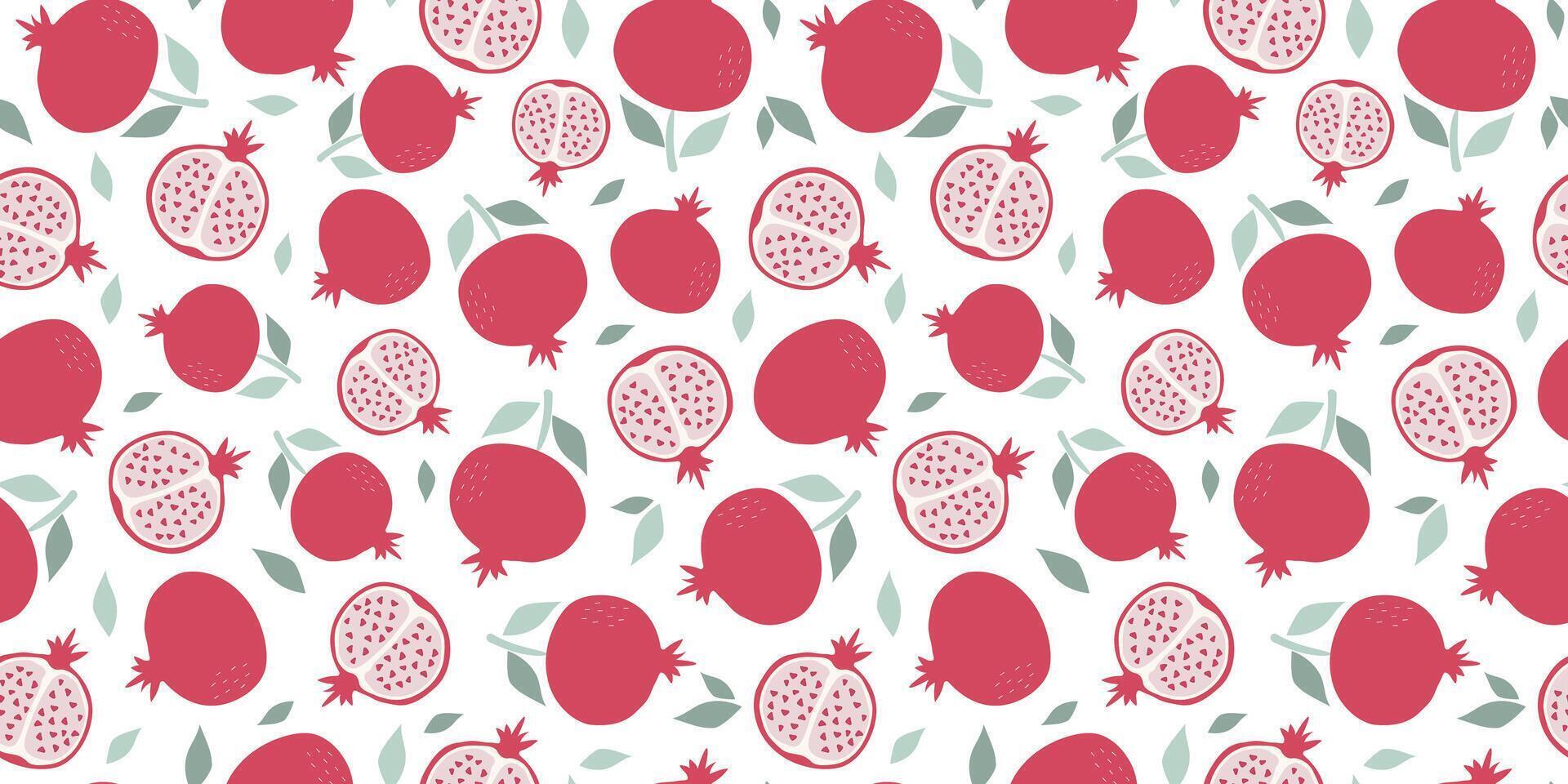 Pomegranate, slices and whole fruits. Simple abstract seamless pattern. Vitamin natural vegetarian food. Repeating background. vector