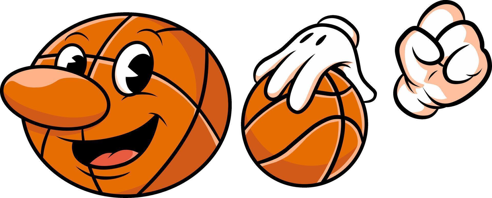 A cheerful-faced basketball mascot, and a pair of hands dribbling a basketball. Classic 60s style illustration, retro groovy cartoon basketball. vector