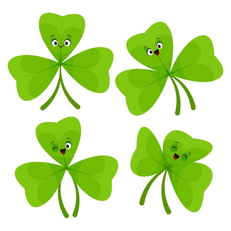 Set of green shamrock leaf characters with eyes and smile vector