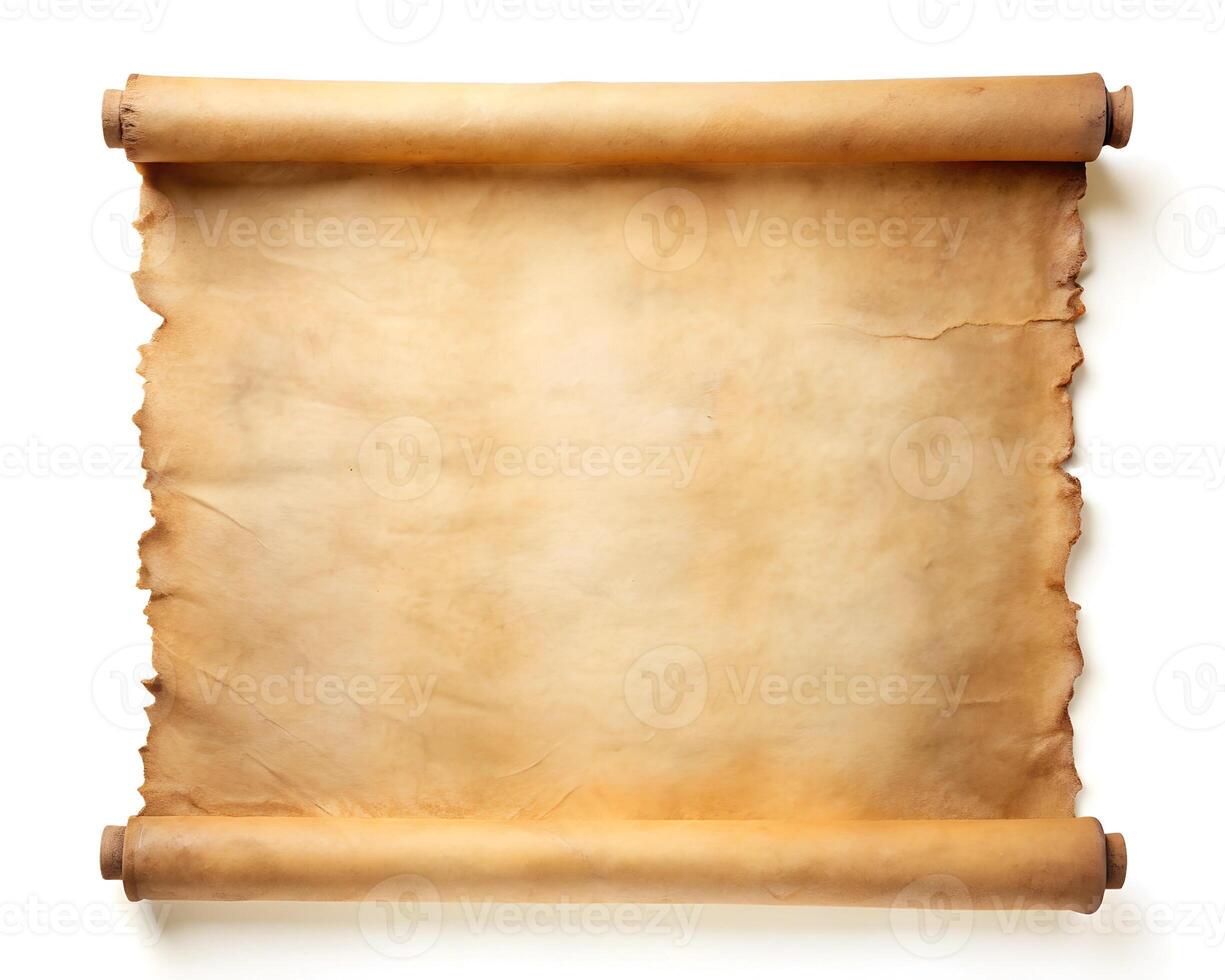 Old Parchment paper scroll isolated on white. photo