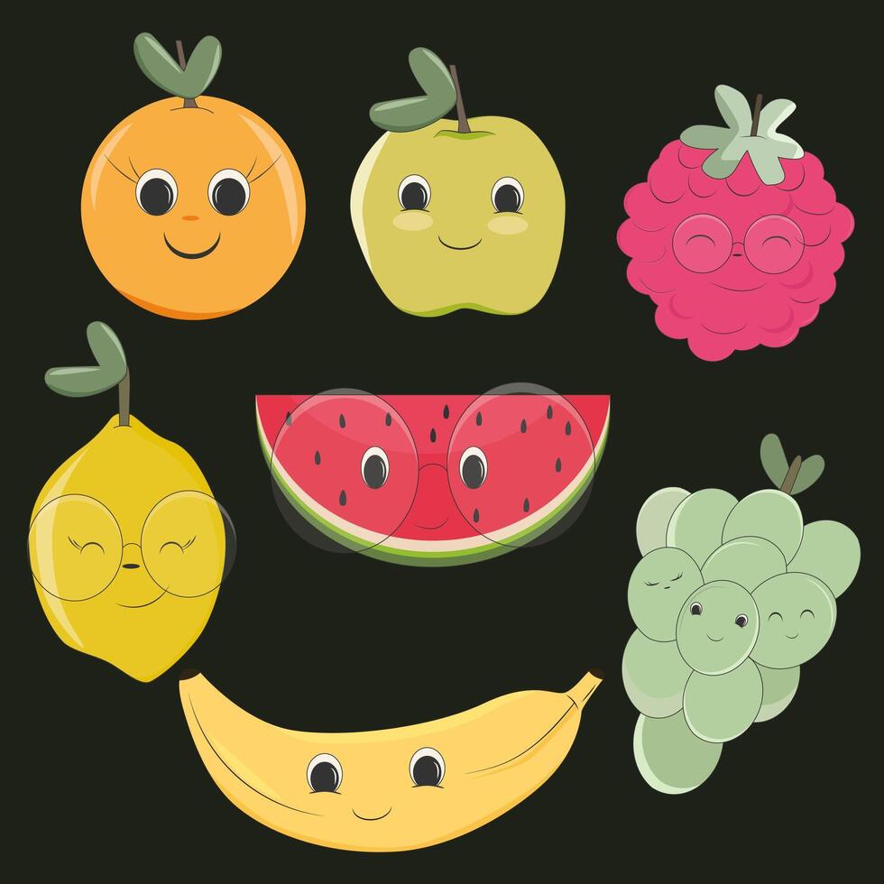 set of illustrations of spring and summer fruits. Set of colorful illustrations for spring and summer. Fresh fruits for tolu and salad. postcard stickers and decals vector