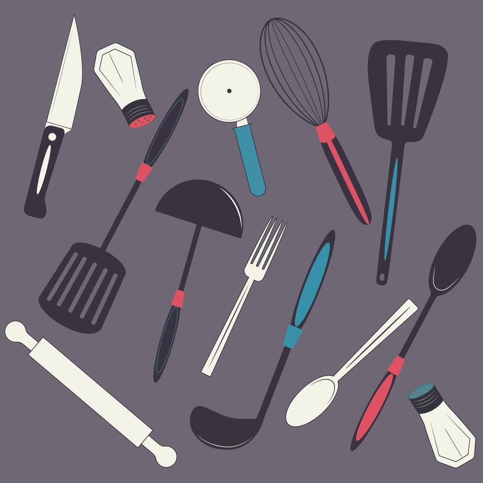 Set of illustrations with kitchen utensils. Collage of kitchen utensils for cooking, things for a chef, Set of ladles knives and spoons vector