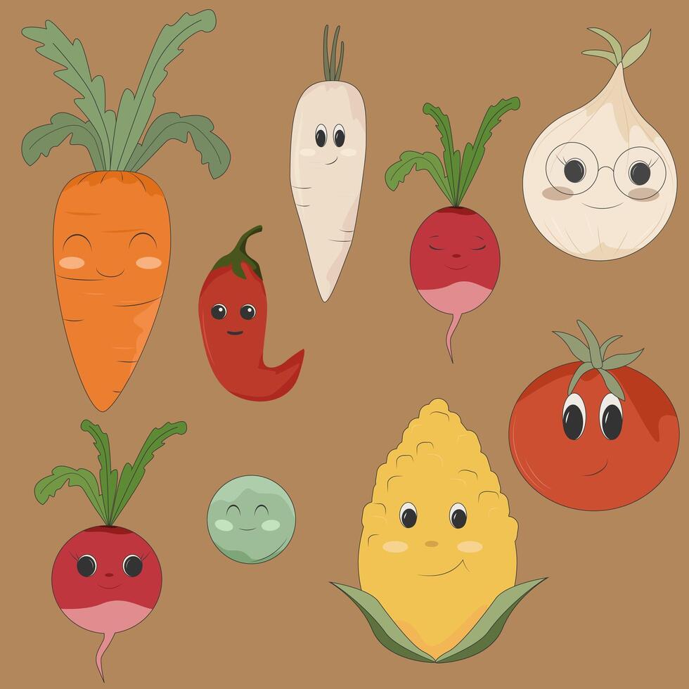 set of funny cartoon vegetables vector
