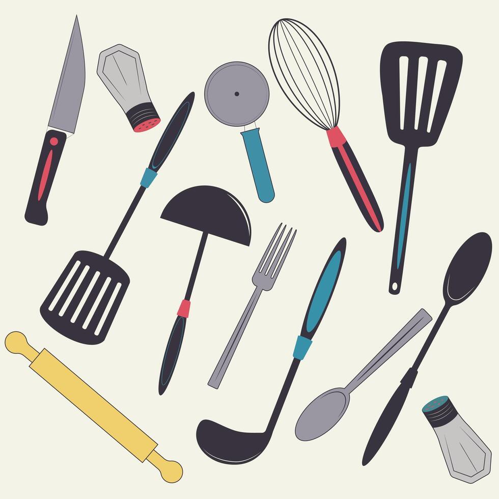 Collage of kitchen utensils for cooking, things for a chef, Set of ladles knives and spoons vector