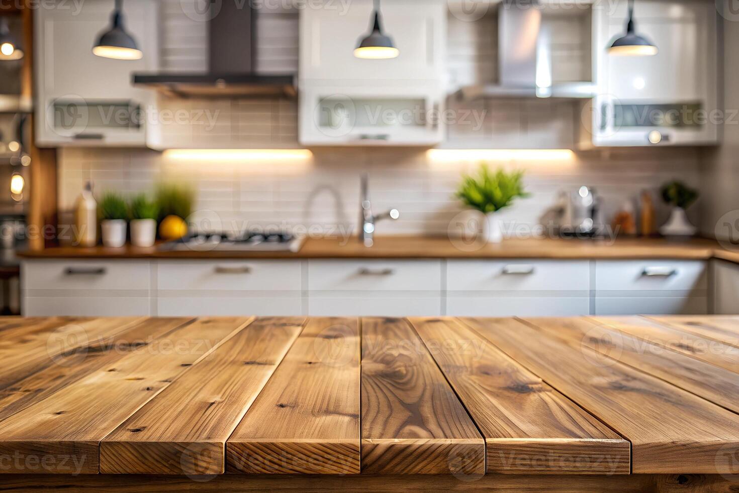 Empty wooden table top with lights bokeh on blur restaurant background. photo