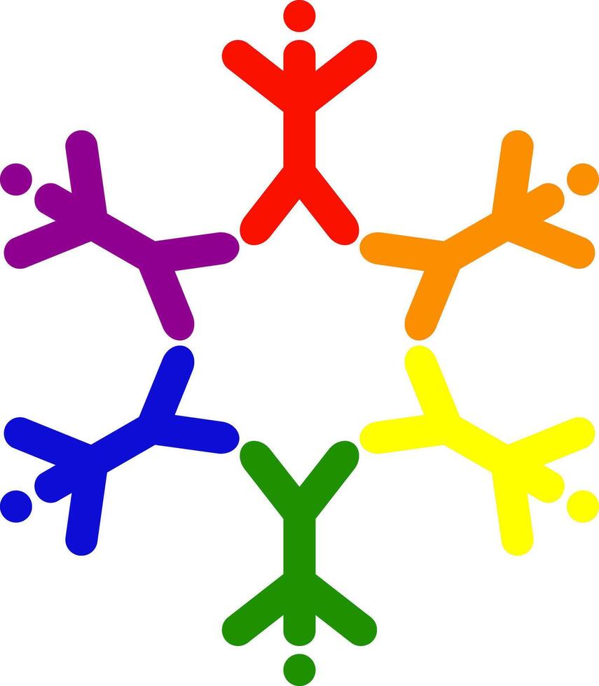 Rainbow stick figures in circle, unity icon showing diverse human figures in vibrant LGBT colors, community and collaboration vector