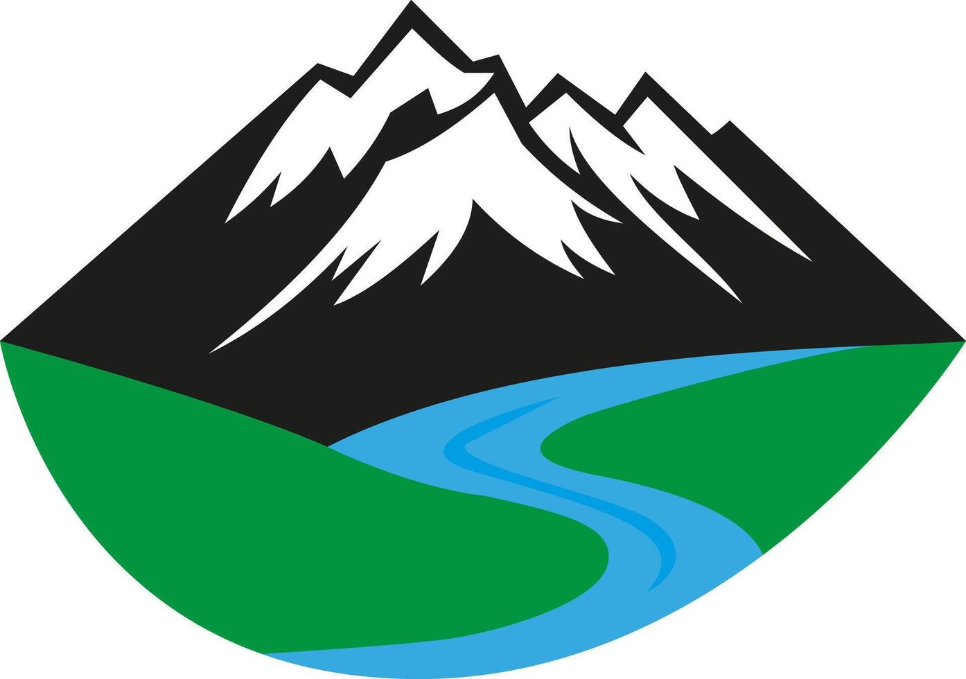 Mountain landscape with snowy peaks, green hills, and a flowing river symbolizing nature, adventure, and outdoor exploration vector